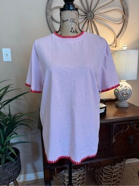 asos Design Light Pink Oversized Short Sleeve Tee with Coral Whipstitched Trim